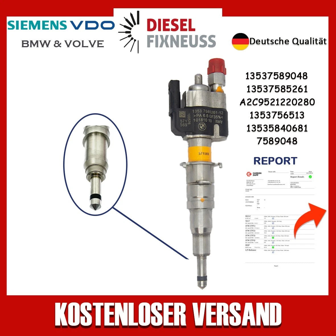 Fuel Injector BMW 1/3/5 Series | Part No: 13537589048/13537585261-12 Benzin | Compatible with N45/N43/N53 Engines | Includes Copper Ring, O-Ring, Test Report