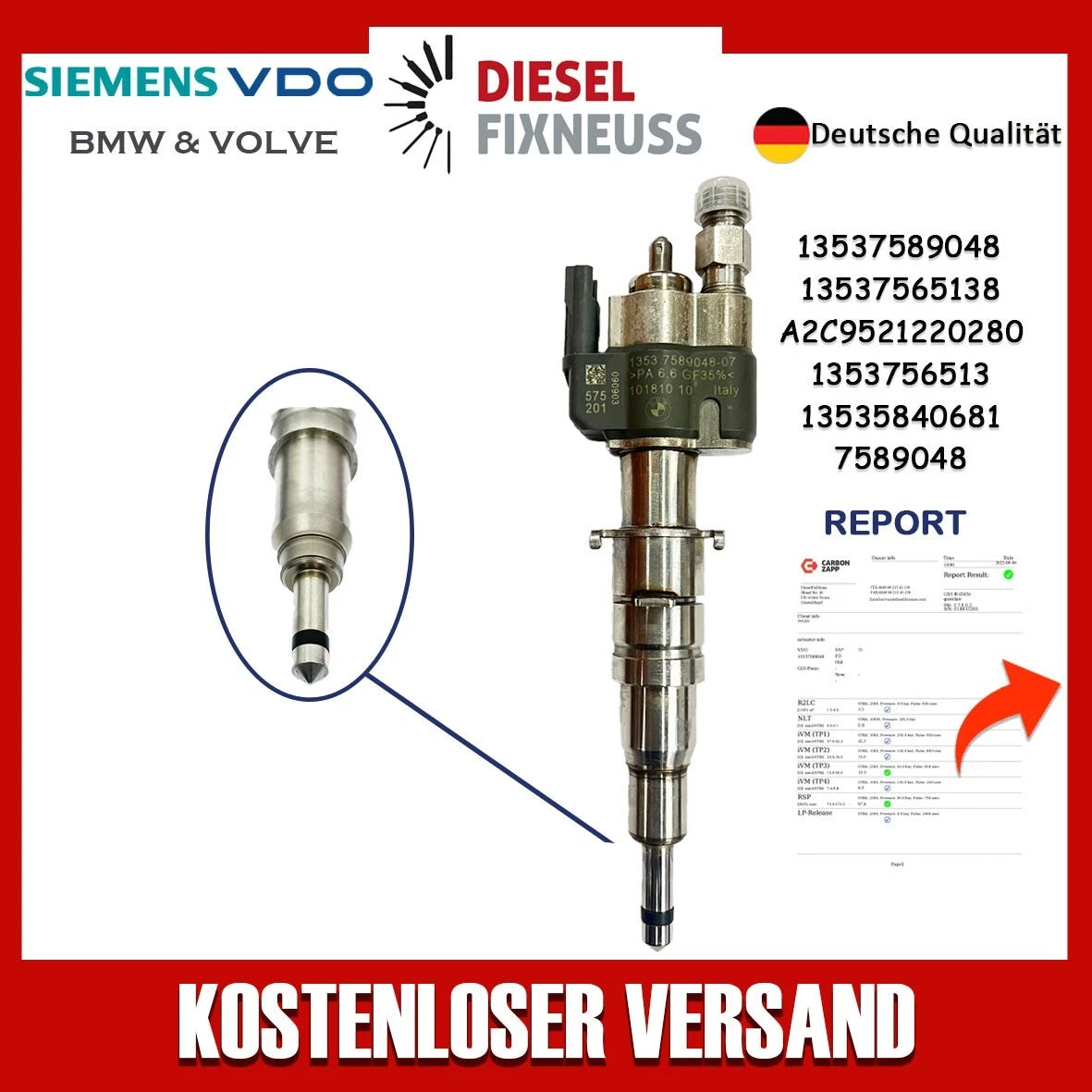 Fuel Injector BMW 1/3/5 Series | Part No: 13537589048-07/13537565138 Benzin | Compatible with N45/N43/N53 Engines | Includes Copper Ring, O-Ring, Test Report