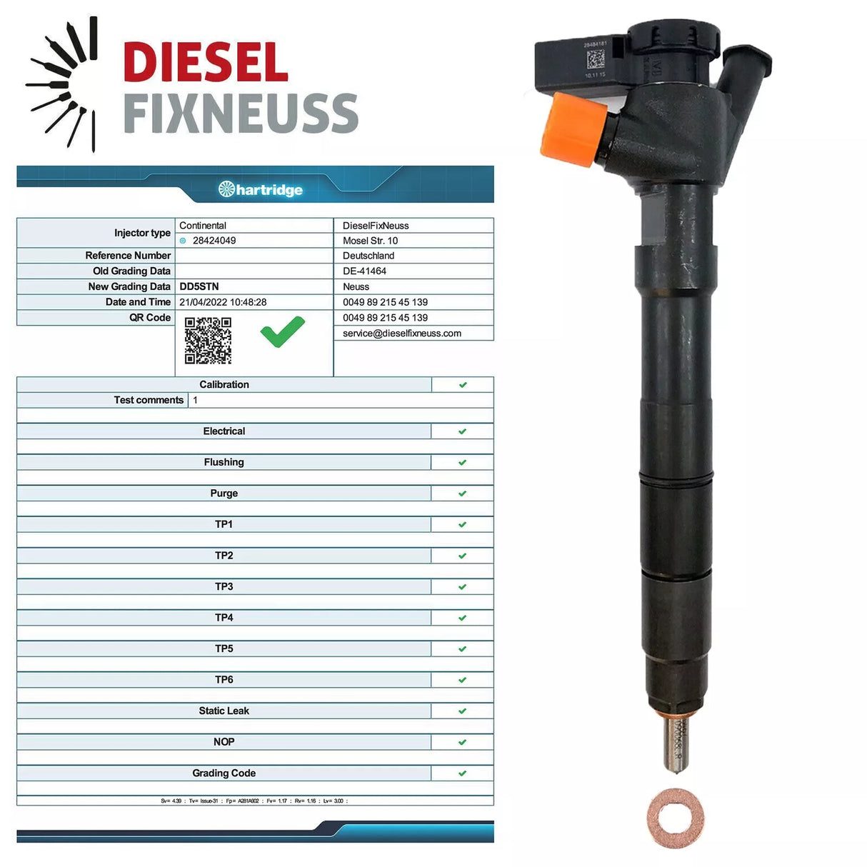 Refurbished Delphi injector 28424049 for 1.4 TDI (CUS/CUSA/CUSB), includes copper seal ring, O-ring, and test report – compatible with Audi, VW, Seat, and Skoda