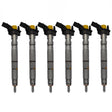 6x Bosch injectors (part number 0445115037) compatible with Audi VW vehicles. Includes copper sealing rings, O-rings, and (Bosch Dci 700) test report. Fits VW and Audi models. Comes with 1-year warranty without kilometer limitation.