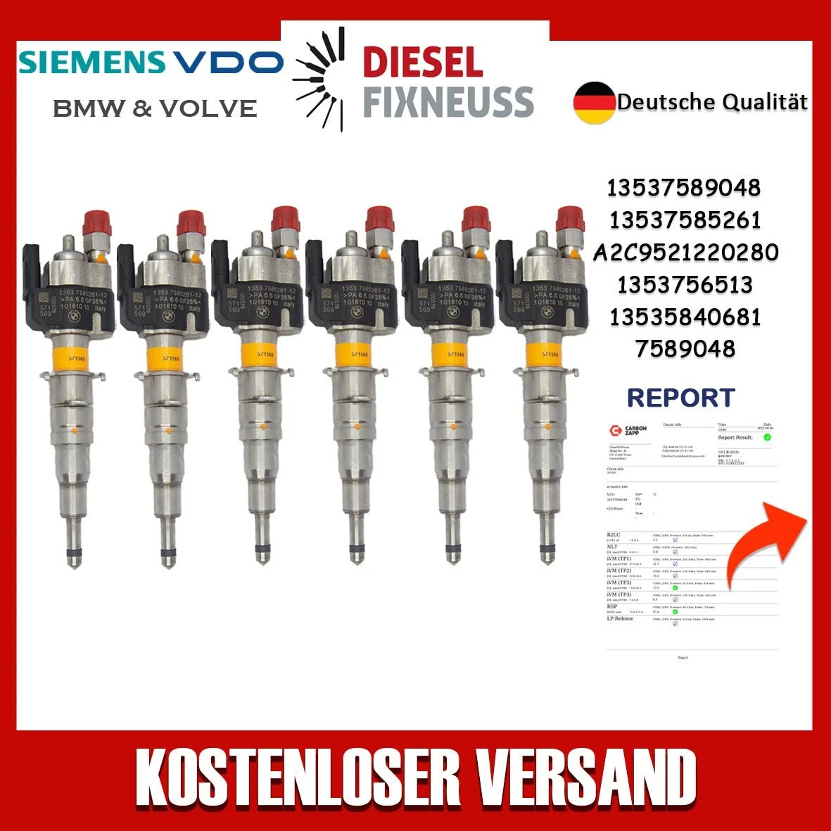 6x Fuel Injector BMW 1/3/5 Series | Part No: 13537589048/13537585261-12 Benzin | Compatible with N45/N43/N53 Engines | Includes Copper Ring, O-Ring, Test Report