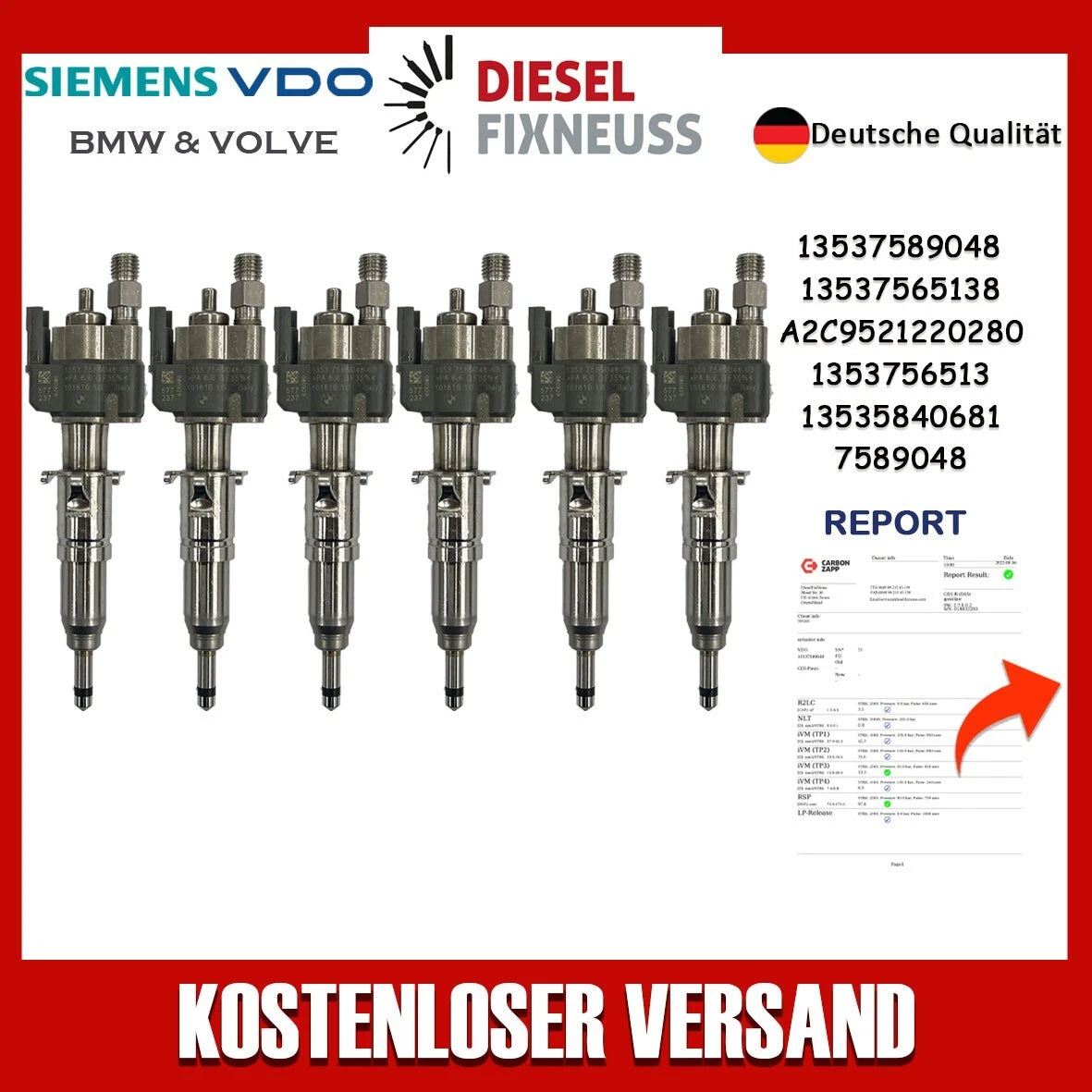 6x Fuel Injector BMW 1/3/5 Series | Part No: 13537589048-03/13537565138 Benzin | Compatible with N45/N43/N53 Engines | Includes Copper Ring, O-Ring, Test Report