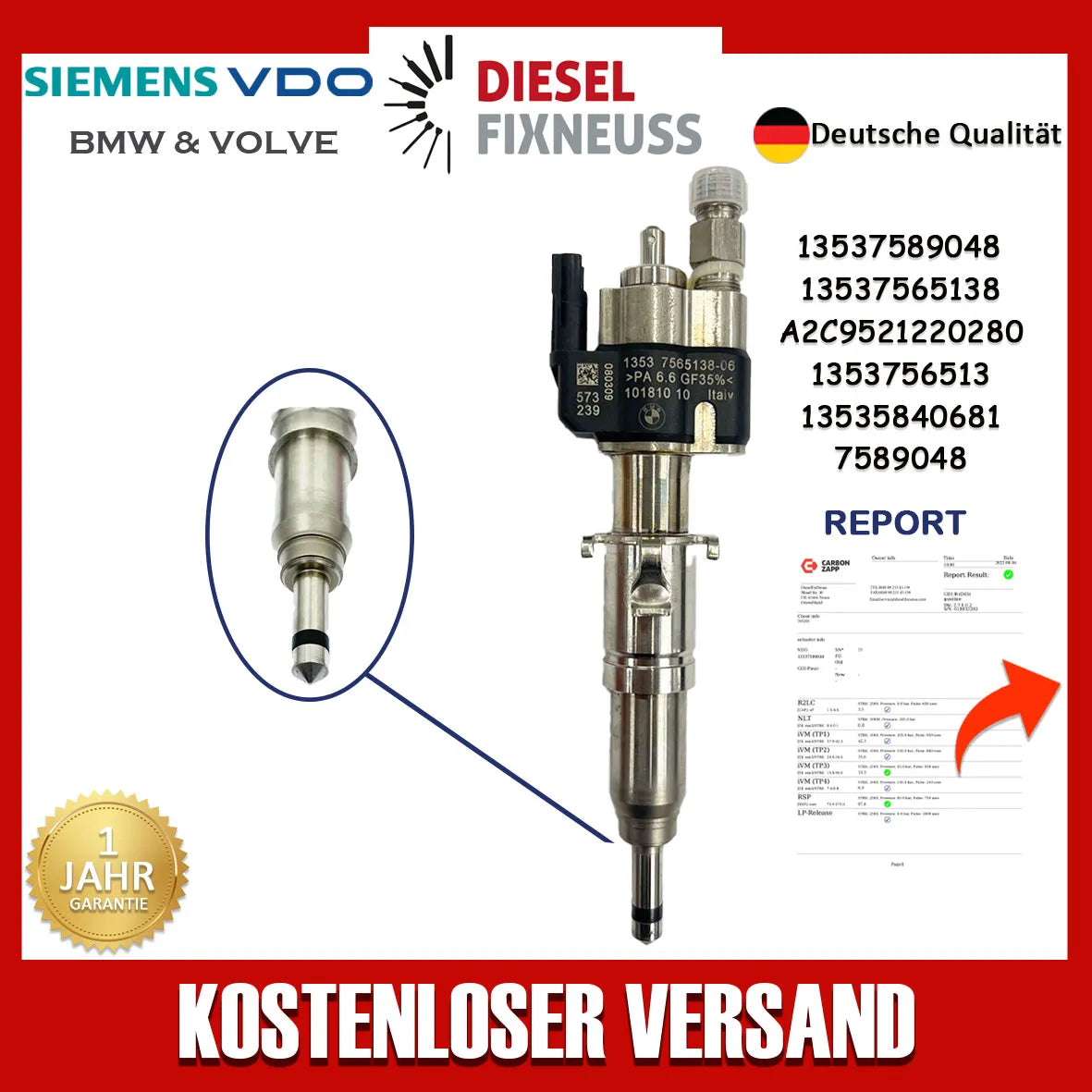 Fuel Injector BMW 1/3/5 Series | Part No: 13537589048-06/13537565138 Benzin | Compatible with N45/N43/N53 Engines | Includes Copper Ring, O-Ring, Test Report