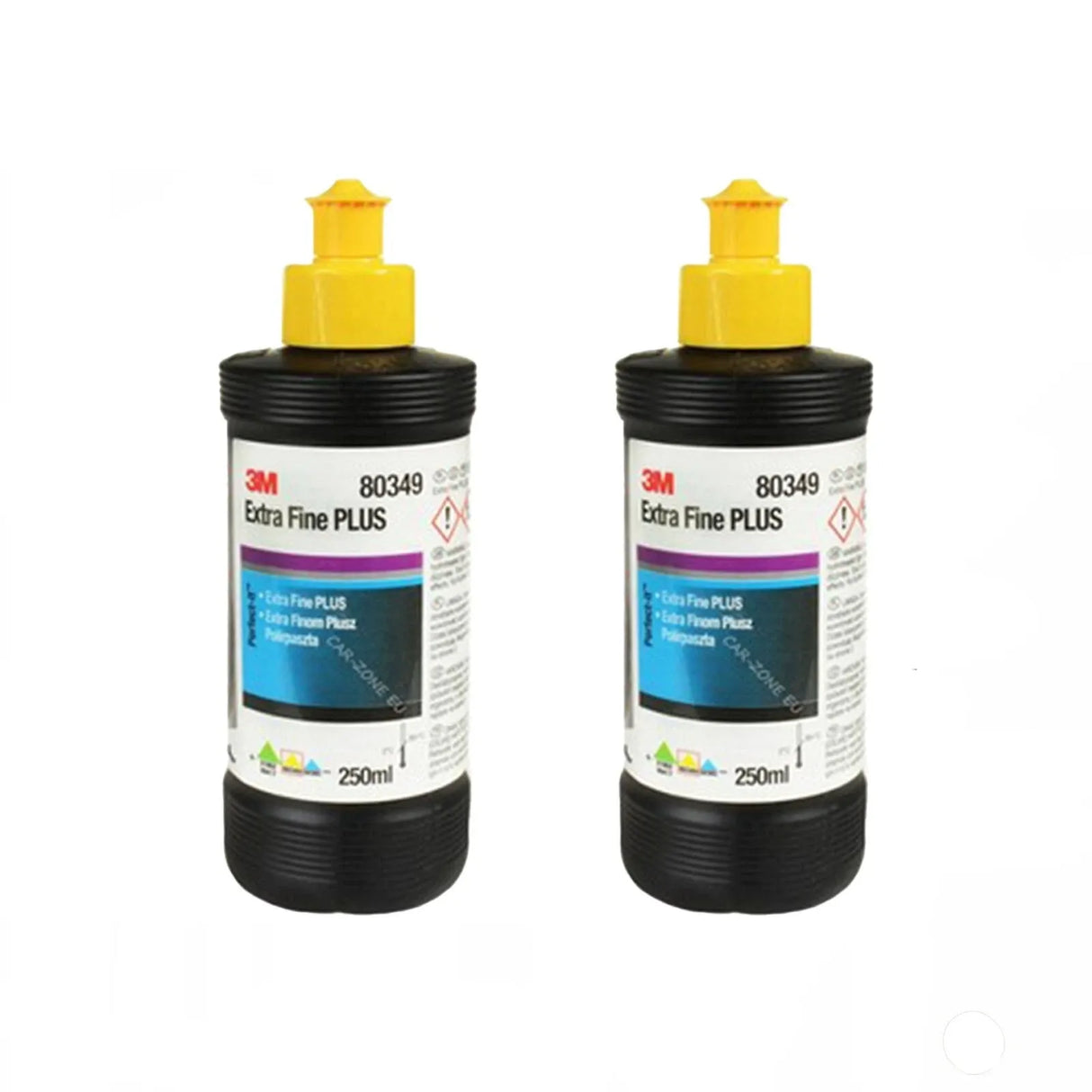 2x 3M Perfect-It III Extra Fine PLUS Schleifpaste 80349 (250 mL) — a fine polishing paste designed for finishing modern scratch-resistant clear coats, effectively removing fine and coarse sanding scratches while preventing orange peel effect; suitable for 2K standard paints and usable by hand or machine, delivering outstanding paint finish